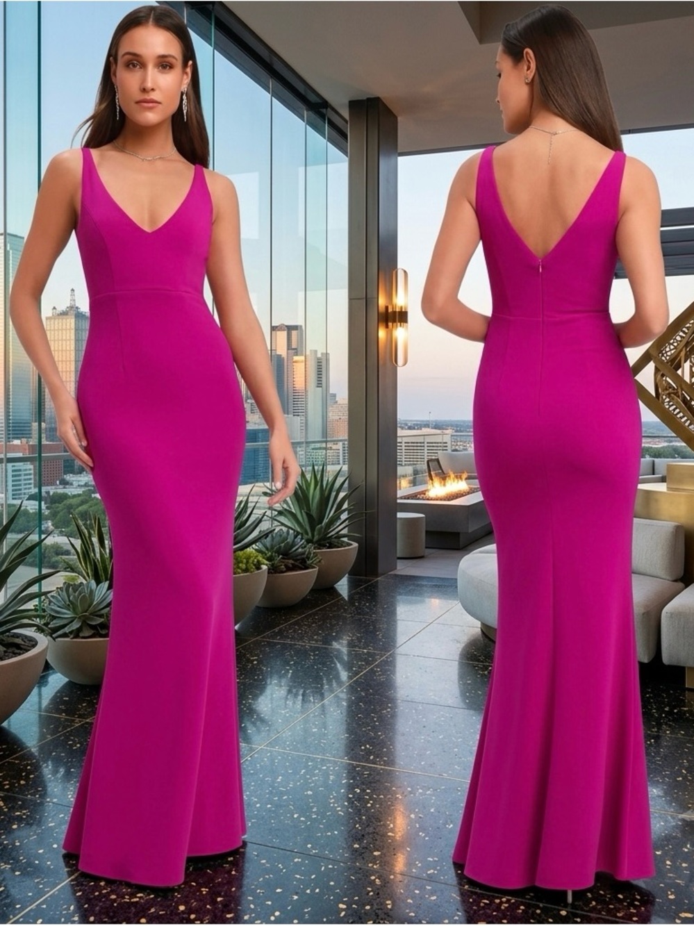 Lulu's Vibrant Fuchsia V-Neck Melora Magenta Sleeveless Maxi Dress size Medium